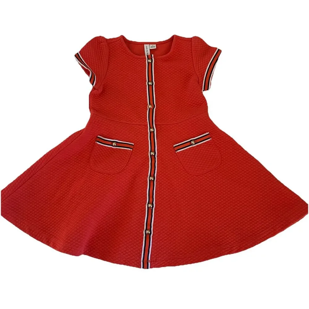 Janie and Jack Retro 60s Quilted Short Sleeve Dress Sz 4 Preppy Party Pockets